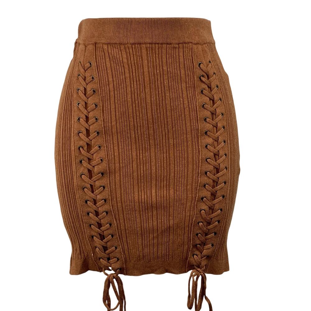 NBD Carden Laced Knit Mini Skirt Camel Brown Ribbed Side Tie Revolve M NWT - Picture 2 of 13